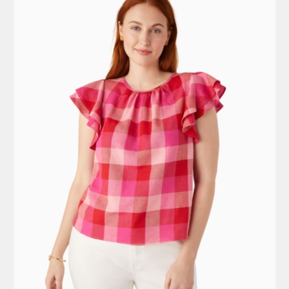 KATE SPADE PICNIC WOVEN FLUTTER-SLEEVE TOP LINEN BLEND DEEP HIBISCUS MULTI  L - Picture 4 of 15
